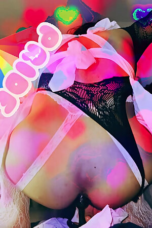 cute femboy in apron gives toy plug a ride