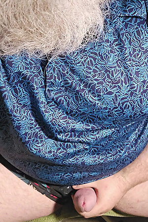 Chubby older bearded guy jerks thick cock and cums