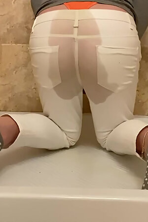 Sissy loves to pee herself in white jeans