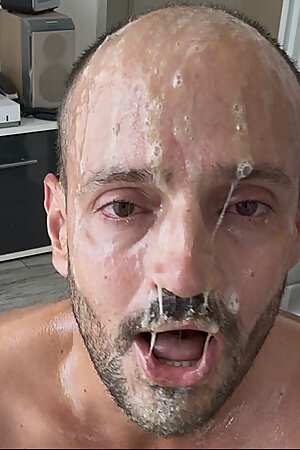 Filthy pig covered in oil, drool, snot and cum