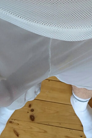freeballing and cum in mesh shorts