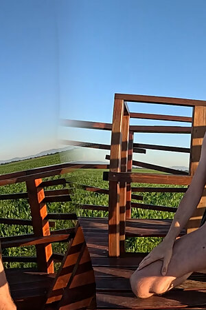 Morning walk to a lookout tower wearing a chastity belt