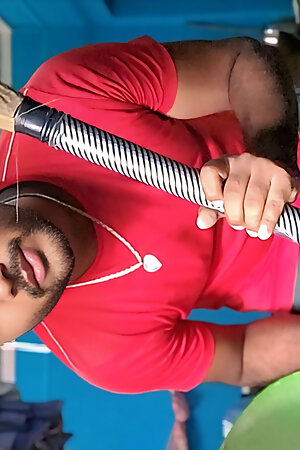 Indian boy is sweeping the house naked