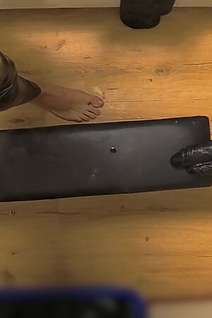 Latex Chastity Cage Sissy on Sex Machine Pillory and Double Dildo