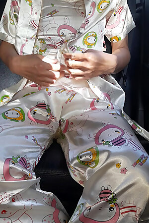 Crossdressing and Cum Inside Satin Pajamas with Kimono Set