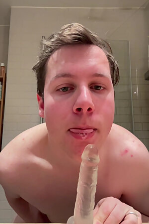 Norwegian sub training his throat on dildo