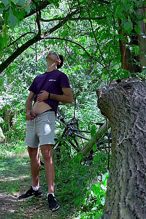 Guy jerking off dick and seducing a passerby in the woods and get a juicy dick in her mouth