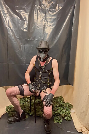 Goth Masturbation With Black Body Harness And Stockings