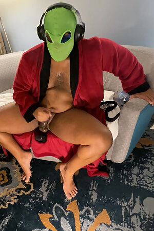 Alien Bathrobe Daddy Jerking Out Moaning Cumshot From Big Black Dick With Prostate Toy Inserted BBC
