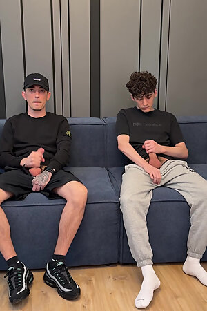 Two guys jerking off together and CUM