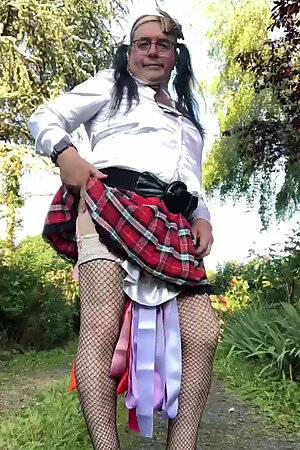 In schoolgirl outfit for an evening