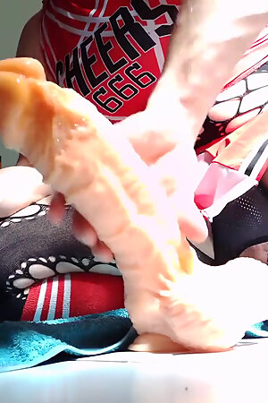 Penetrating My Hungry Hole with Extremely Large Dildos in a Cheerleader Outfit.