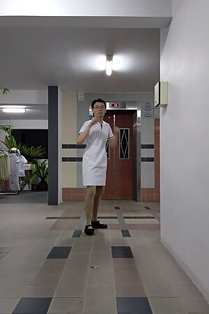 Wearing singhealth nurse dress, nurse pantyhose and nurse shoes.