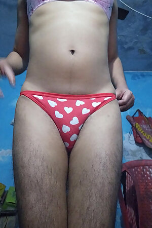 Horny Indian Teen Femboy Wearing His Step Sister's Bra and Panties While Jerking His Phimosis Cock